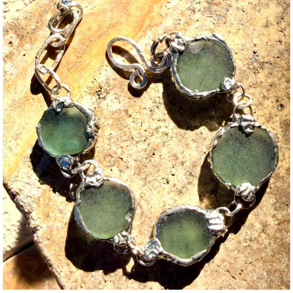 Sea Glass & Silver Blend Artisan Crafted Hammered Bracelet With Unique Findings - Picture 3 of 14